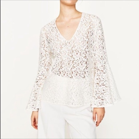 SOLD Zara Crochet Lace Exaggerated Ruffle Bell Sleeve Blouse - Picture 5 of 13